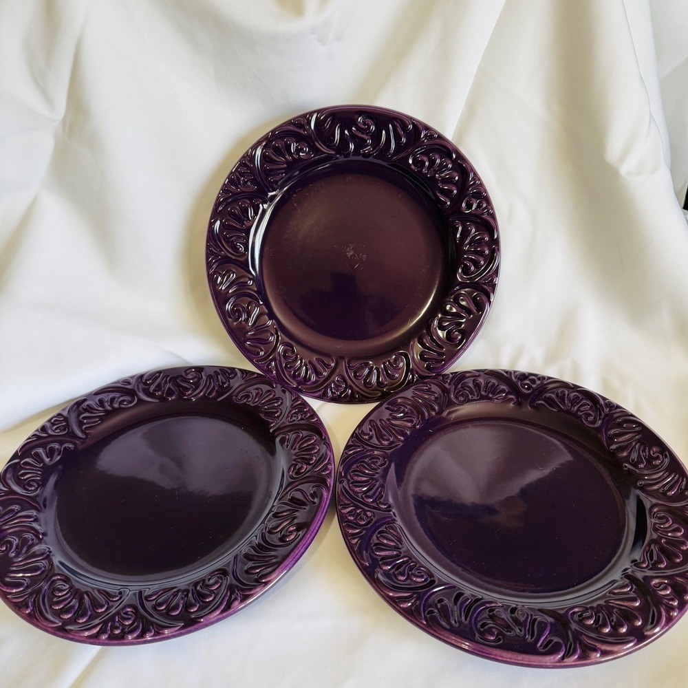Vintage Set of 3 Purple Charger Plates Ornate Scroll Design Dinner Plates 11.5"